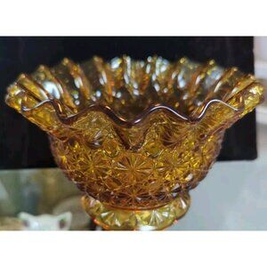 L.E.‎ SMITH Daisy & Button Pattern Amber Orange Ruffled Glass Bowl Candy Dish